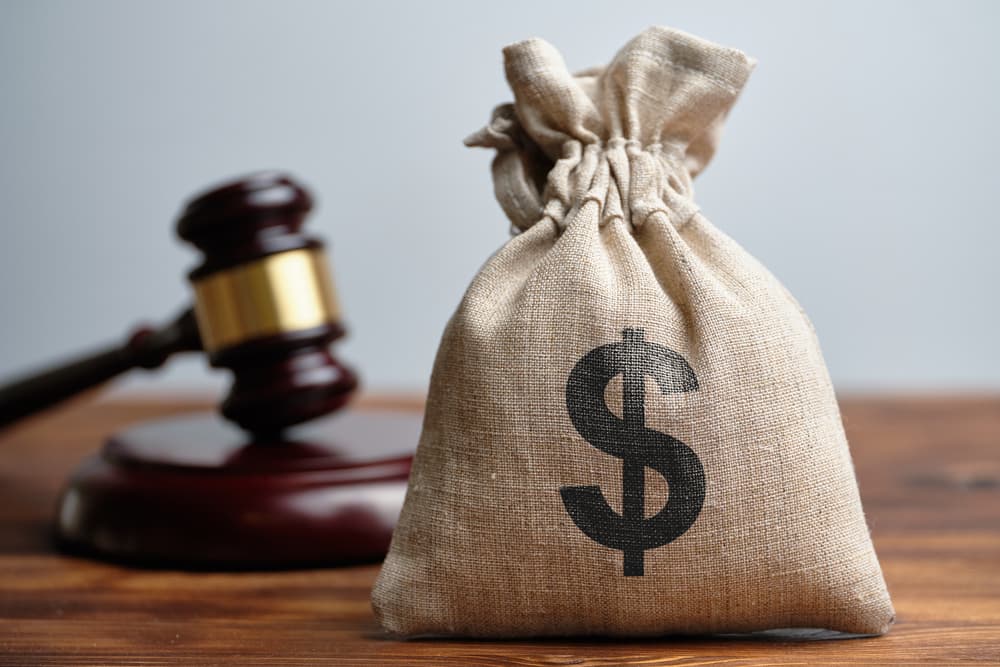 Dollar bag and Judge's gavel in backround