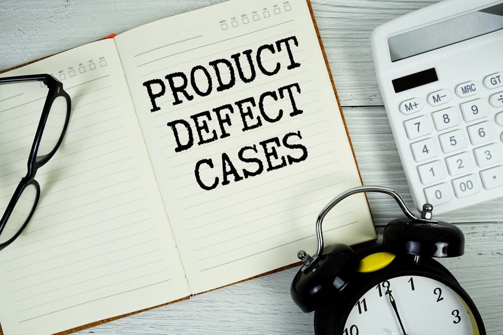Product Defect Cases text on notepad with alarm clock, eyeglasses and calculator on wooden background