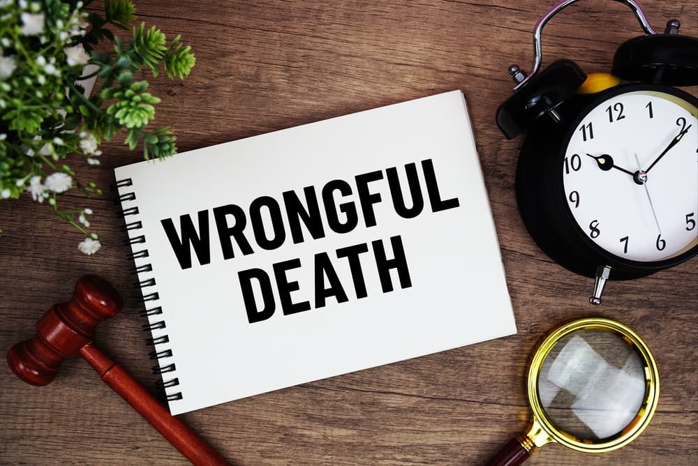 Wrongful Death message written on notepad with alarm clock, wood gavel and magnifying glass flat lay on wooden background